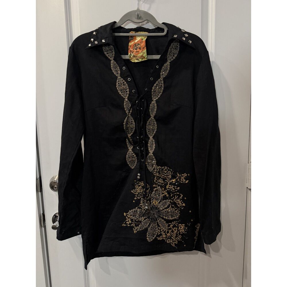 Spice & Roses Black Lace Up Floral Beaded Studded Ramie Tunic Top L